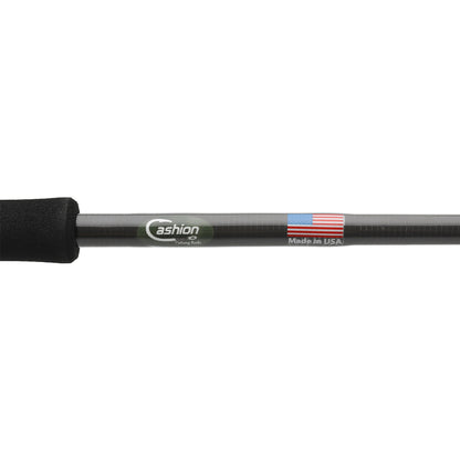 The Cashion Rods ICON Series Panfish Trout Spinning Rod 6'6" Ultra Light (IPT66ULFS) features a black carbon fiber rod with a foam handle, "Cashion" label, and USA flag graphic—ideal for panfish and trout.
