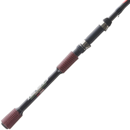 A close-up of the Cashion John Crews ICON Series Spinning Rod Micro Jig 7'1" Medium Heavy shows its black body, red and black textured grips, metallic reel seat, and optimal design for Micro Jig fishing.