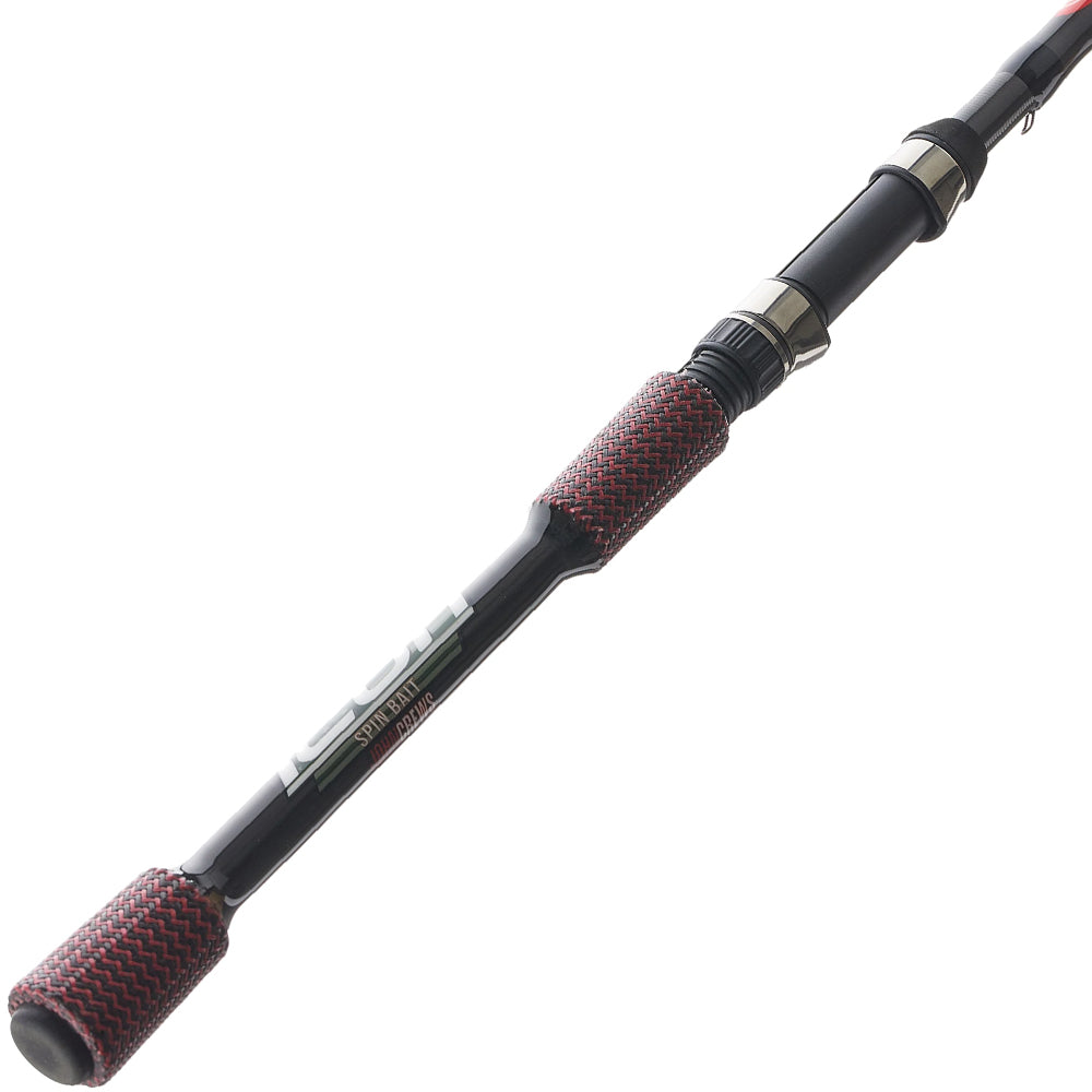 A close-up of the Cashion Rods John Crews ICON Series Spinning Rod SpinBait 7'6" Medium shows its black finish, red textured grip handles, metal reel seat components, and white lettering along the shaft.