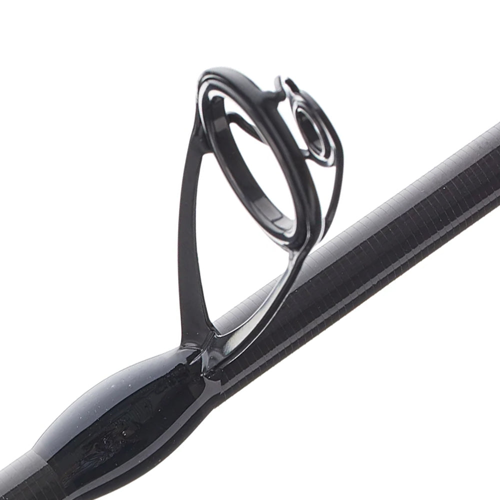 Close-up of the black guide on the Cashion Rods John Crews ICON Series Spinning Rod Micro Jig 7'1" Medium Heavy, showing its circular metal ring and support structure attached to the rod.