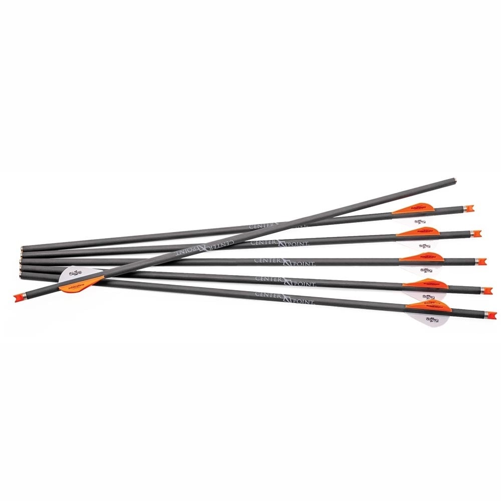 Six CenterPoint CP400 Select Crossbow Bolts by CenterPoint, 20" carbon arrows with orange and white fletching and orange nocks, are arranged in a fan shape on a white background—ideal half moon nock bolts for your CP400 crossbow.