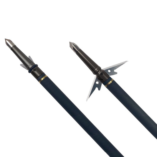 The image shows two CenterPoint Deadpoint Broadheads from CenterPoint, black with metal tips and folding barbed blades, gold bands near the tips, resembling 100-grain broadheads designed for bowfishing.