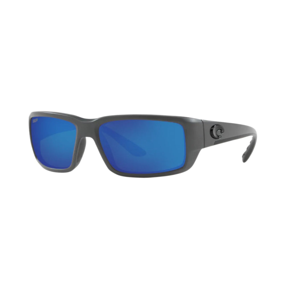 The Costa Del Mar Fantail sunglasses by Costa Del Mar feature wide black frames and reflective blue polarized lenses, shown angled on white—ideal performance sport fishing sunglasses for bright, sunny days.