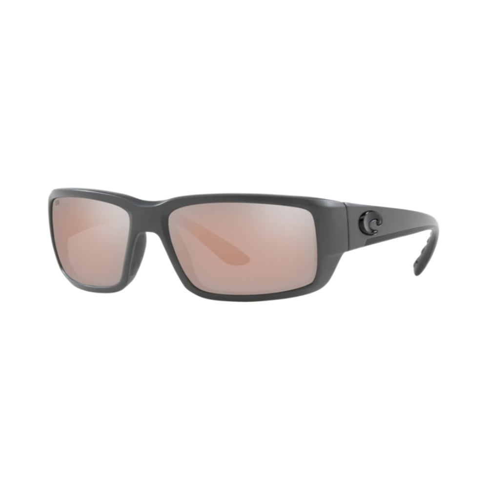Costa Del Mar Fantail sunglasses feature gray rectangular frames, slightly mirrored pink polarized lenses, thick arms with a small circular Costa Del Mar logo—ideal for performance sport fishing.