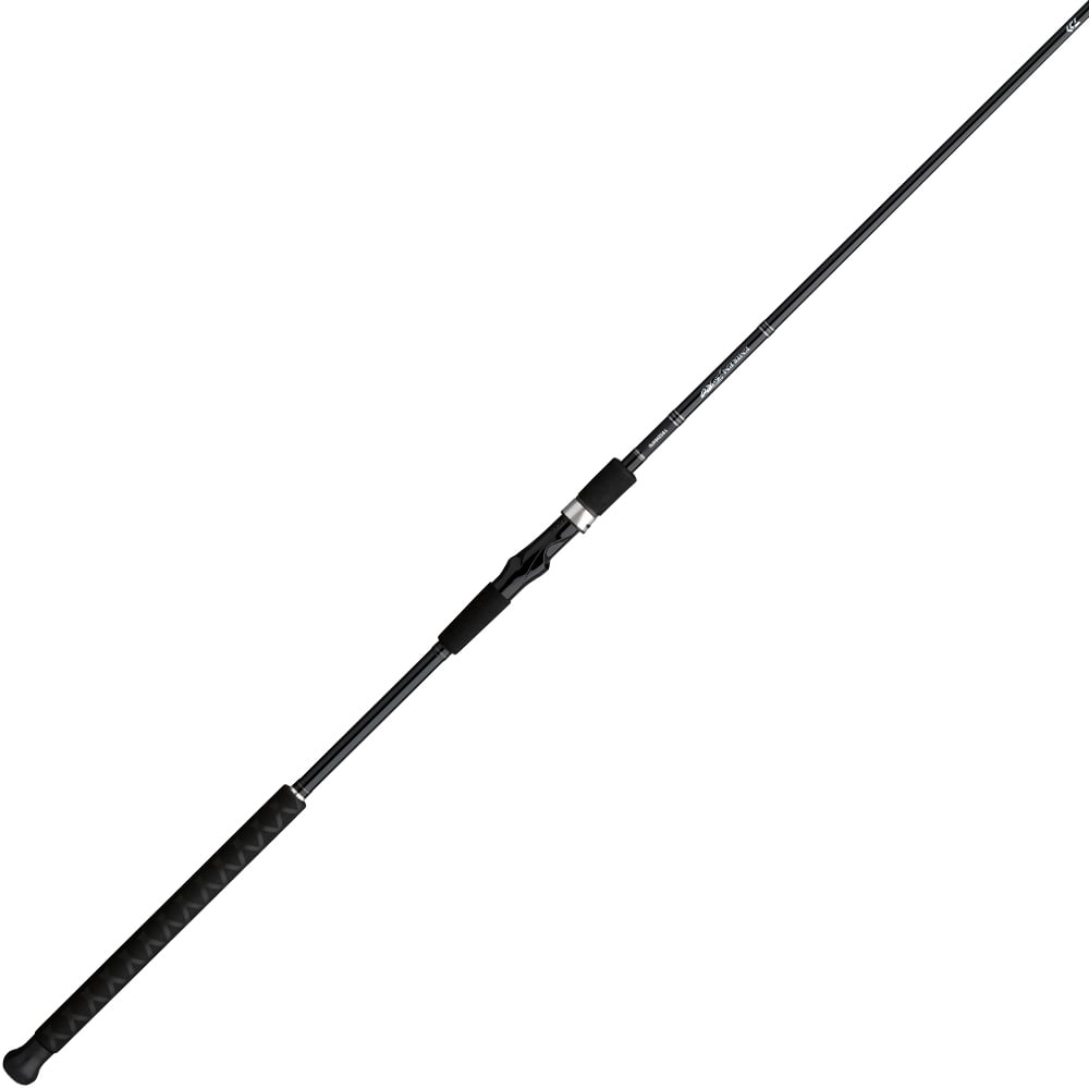Image of a Daiwa Emblem Pro Surf Rod Spinning 10'0", Medium Heavy, with a sleek black body and textured grip handle. Positioned diagonally on a white background, this robust 2-piece EMBLM1002MHFS model features saltwater tough guides for enhanced durability.