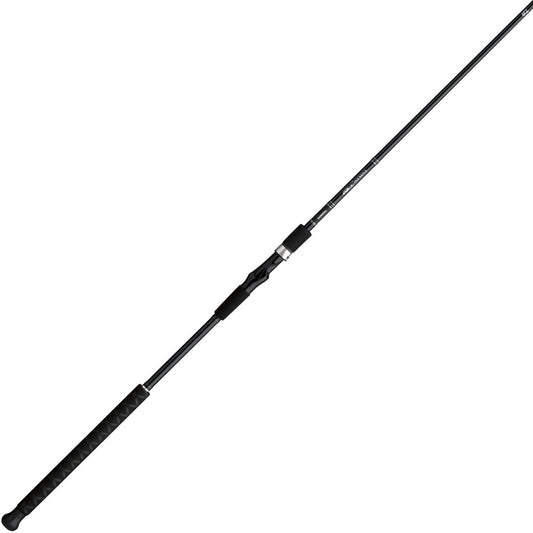 The Daiwa Emblem Pro Surf Rod Casting 9'0" Heavy 2pc (EMBLM902HFB) by Daiwa is a sleek black saltwater rod with a long, slender shaft, textured grip handle, and silver accents at the reel seat and tip. Designed for peak performance in demanding fishing environments.