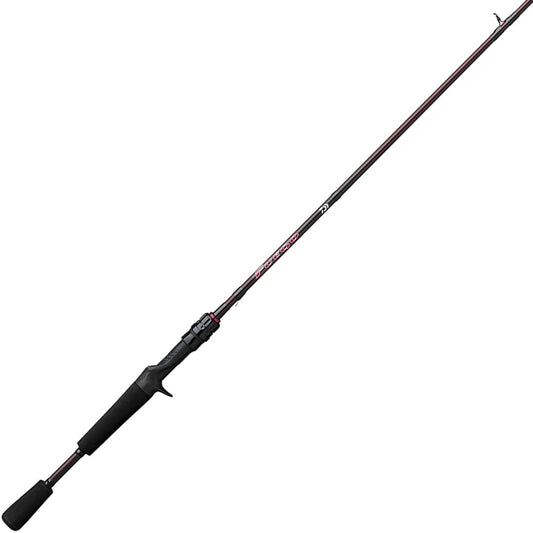 The Daiwa Fuego Casting Rod 7'3" Heavy (FGO731HFB) features a sleek black and red design with lightweight graphite construction. Its slender shaft and grip enhance casting ease, while advanced oxide ring guides offer style and performance for modern fishing enthusiasts.