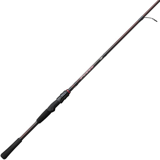 The Daiwa Fuego Spinning Rod 2 Piece 7'0" Medium | FGO702MFS features a black handle and slender, tapered design. Its medium power and lightweight build allow it to extend gracefully from bottom left to top right against a white background, showcasing its streamlined form.