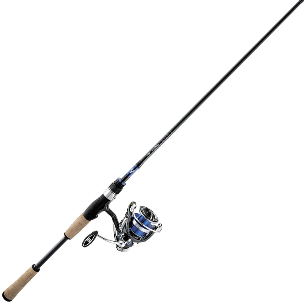 The Daiwa Legalis LT Spinning Rod & Reel 2 Piece Combo 7'0" Medium (3000D-C, 5.2:1) features a black and blue design with cork handles and metallic blue reel, ideal for freshwater or saltwater fishing. Shown angled diagonally on a white background.