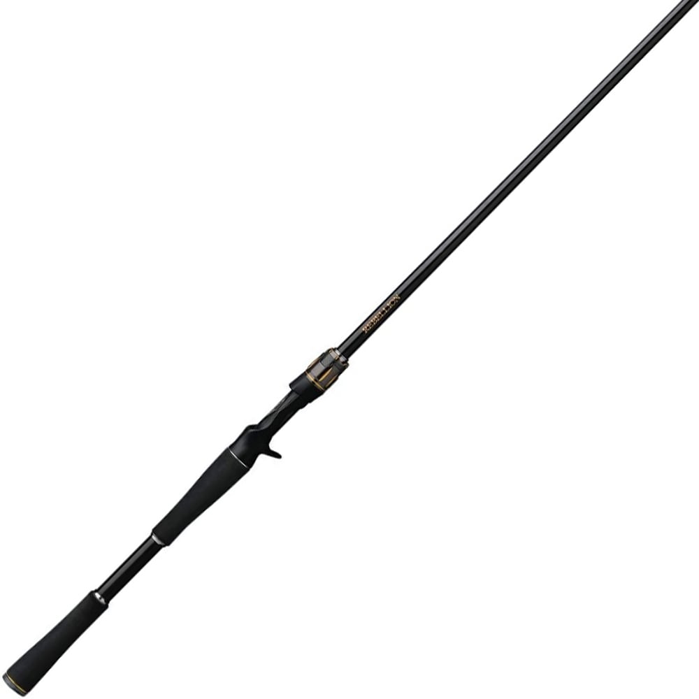 The Daiwa Rebellion 7'2" Heavy 2 Piece Casting Rod (REBELLION722HFB) features a sleek black design with an ergonomic handle, HVF Carbon Fiber construction, and visible reel seat and guides, shown on a white background.