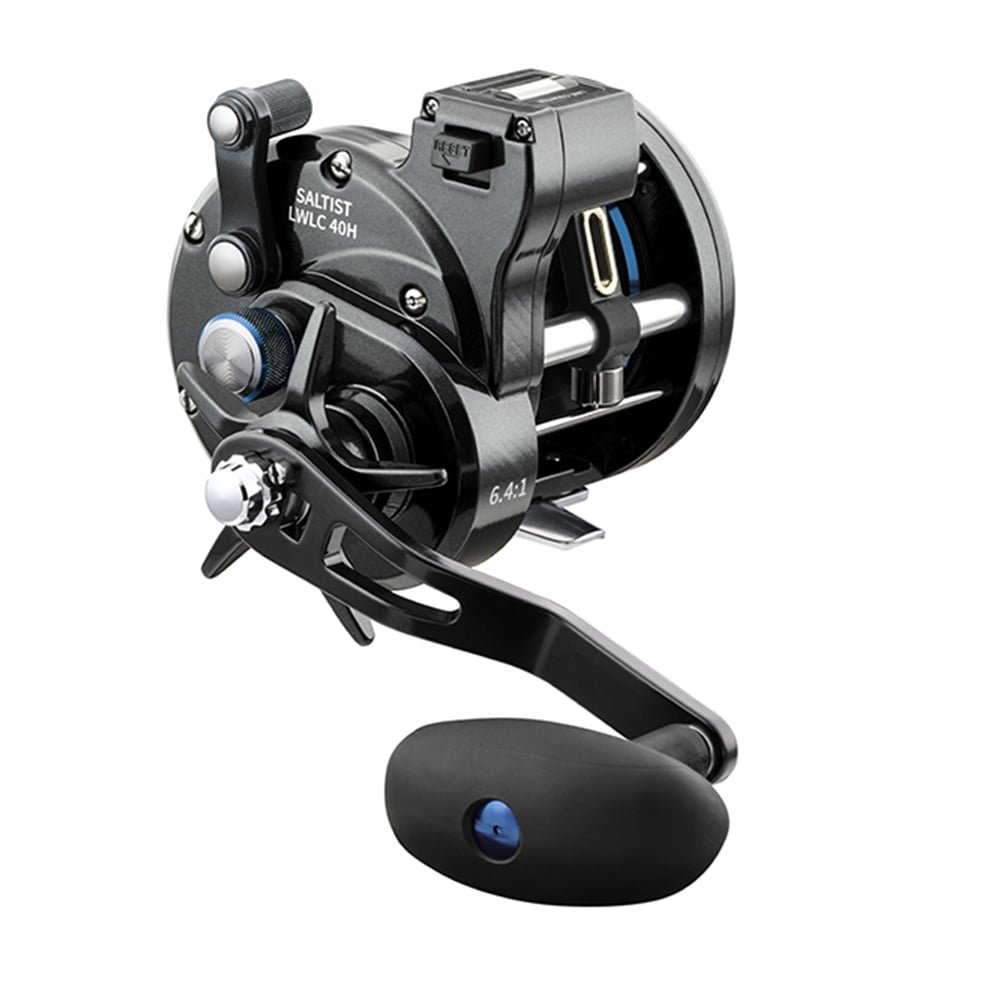 Introducing the Daiwa Saltist Levelwind Line Counter Conventional Reel 20LCH 6.1:1 (Model STTLW20LCH), a sleek black and silver design with a large handle, line guide, visible gearing, perfect for heavy-duty saltwater fishing.