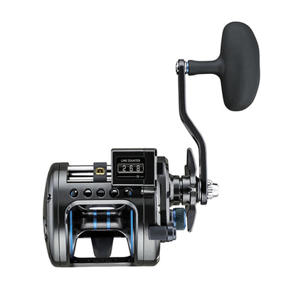 The Daiwa Saltist Levelwind Line Counter Conventional Reel 20LCH (STTLW20LCH) features a sleek metallic finish with blue accents, an ergonomic black handle, a digital line counter reading "268 ft," and multiple adjustment knobs for precision control, all from the renowned brand Daiwa.