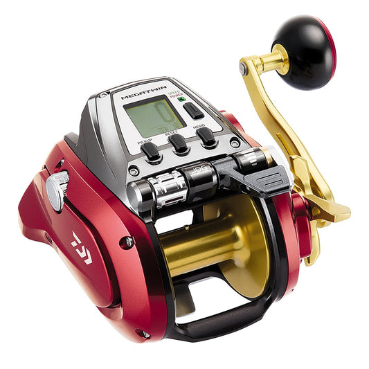 The Daiwa Seaborg 500MJ 3.6:1 Power Assist Electric Reel by americanlegacyfishing is a red and silver reel with gold accents featuring a power assist digital display, right-side handle, and buttons below the screen; the brand name subtly graces the top surface.