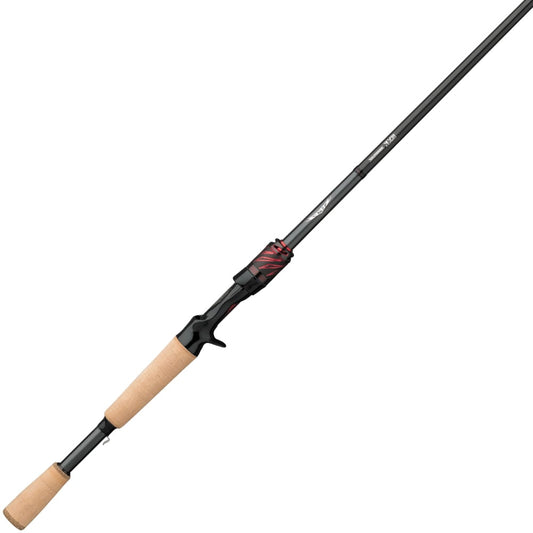 The Daiwa Steez AGS Casting Rod Power Pitch 7'2" Heavy (STAGS721HFB) features a cork handle and black shaft with a striking black and red reel seat, offering a sleek and modern look perfect for power pitch techniques.