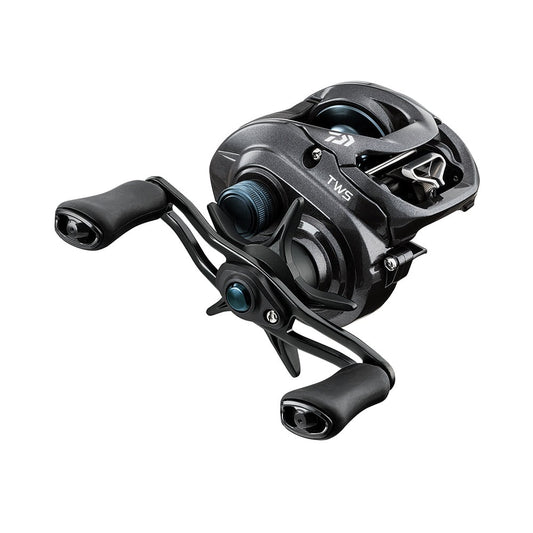 The black Daiwa Tatula CT 6.3:1 Casting Reel (TTUCT100H) is displayed on a white background, highlighting its sleek design with metallic and matte finishes, dual handles, the Magforce System, and "TWS" near the top.