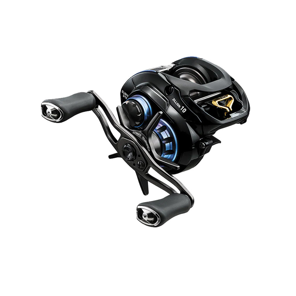The Daiwa Zillion 10.0 SV TW Casting Reel (ZLNTW1016EXXH) by Daiwa features a sleek black and blue design, dual handles, compact modern build, and an impressive 10.0:1 gear ratio shown against a white background.