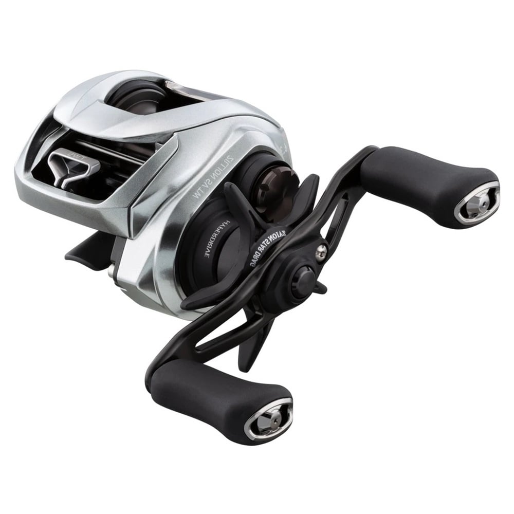 The Daiwa Zillion SV TW Casting Reel Left Hand 6.3:1 (ZLNSVG100L) features dual handles, ergonomic grips, and the advanced SV BOOSTER SYSTEM. Shown here in sleek silver and black finish by Daiwa against a white background.