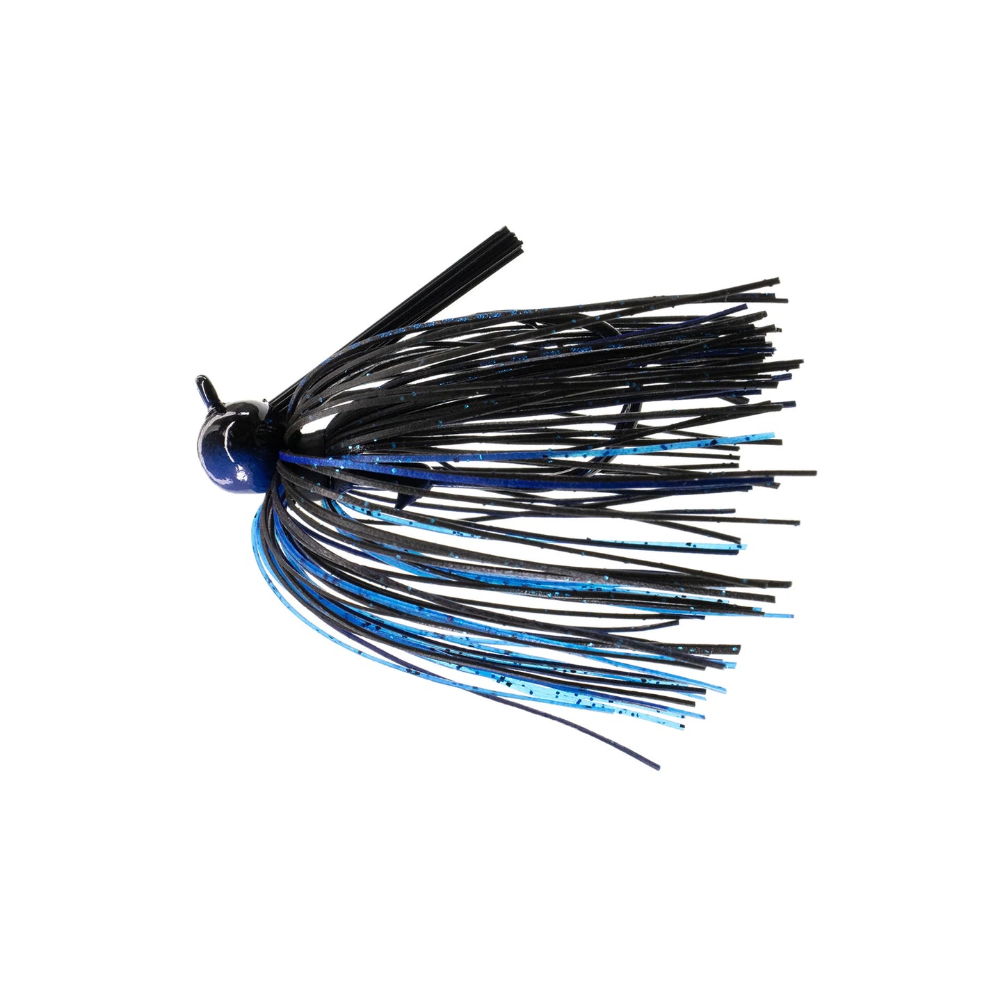 The Dirty Jigs Tour Level Skirted Football Jig features a round dark blue head, long black and blue silicone skirt strands to mimic bait, and a sharp Mustad ULTRA POINT hook—perfect for effective fish-catching action.