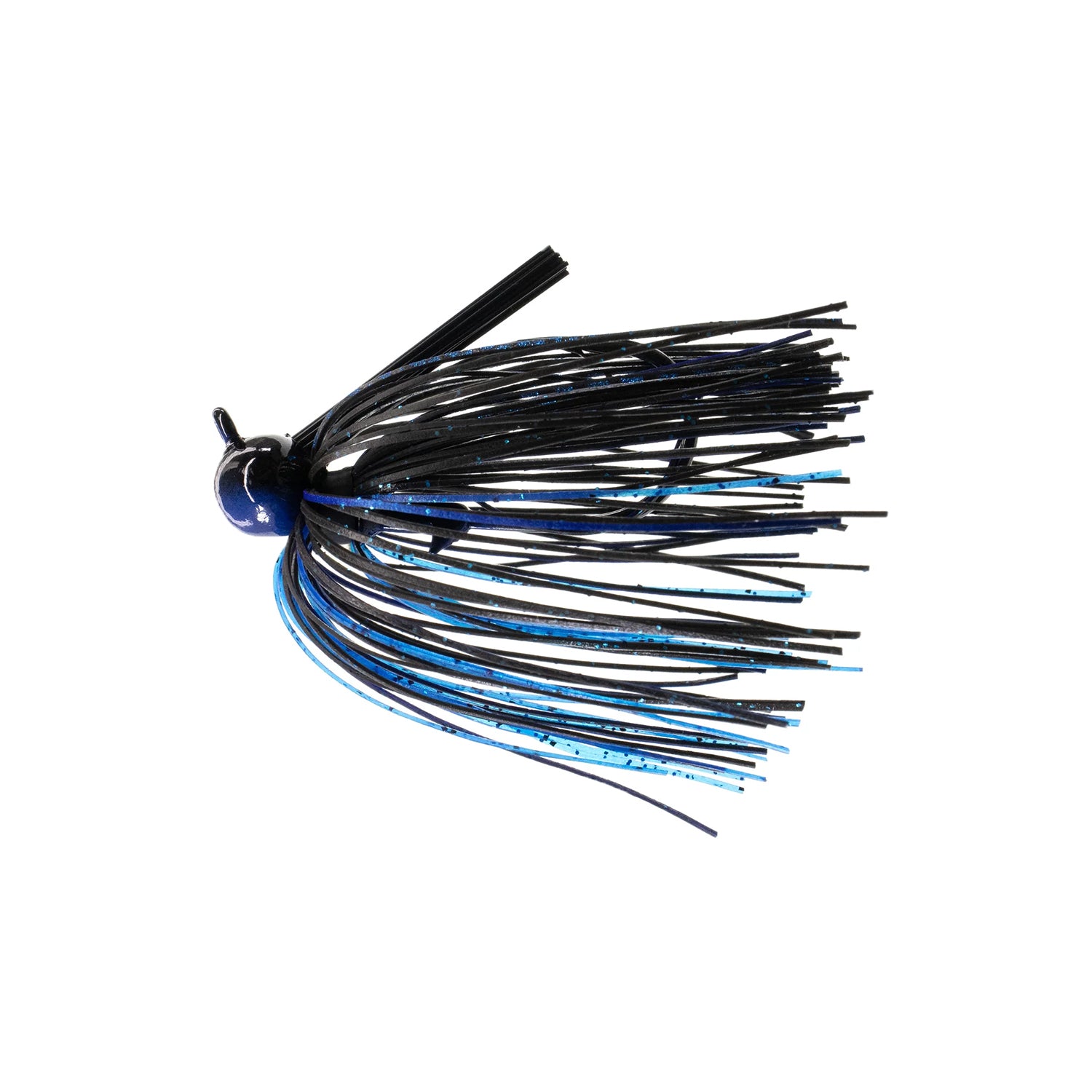 The Dirty Jigs Tour Level Skirted Football Jig features a round dark blue head, long black and blue silicone skirt strands to mimic bait, and a sharp Mustad ULTRA POINT hook—perfect for effective fish-catching action.