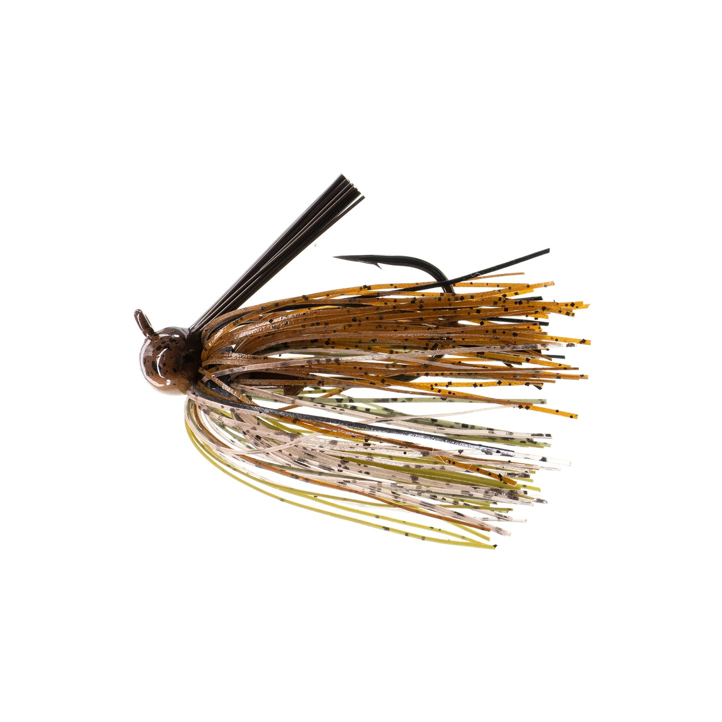 The Dirty Jigs Tour Level Skirted Football Jig by Dirty Jigs features a brown, tan, and yellow multi-strand skirt and a single Mustad ULTRA POINT hook, designed to mimic bait and attract fish. Shown on a white background.