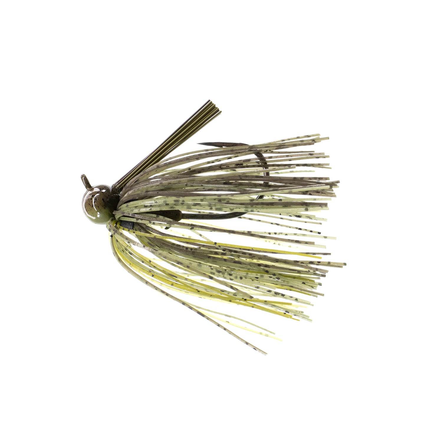 The Dirty Jigs Tour Level Skirted Football Jig by Dirty Jigs features a green and brown skirt, weed guard, rounded head, Mustad ULTRA POINT hook, and long, thin multi-colored skirt strands.