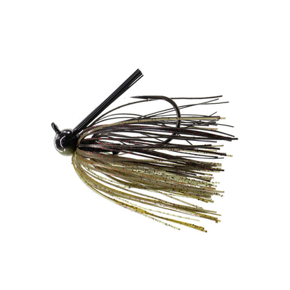 The Dirty Jigs Tour Level Skirted Football Jig by Dirty Jigs features a black head, weed guard, and a multi-colored skirt in green, brown, and black to mimic prey. It comes with a Mustad ULTRA POINT hook for dependable performance.