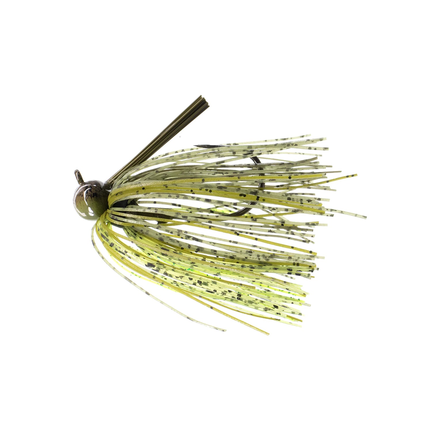 The Dirty Jigs Tour Level Skirted Football Jig by Dirty Jigs features a green and yellow skirt with black speckles, weed guard, fringed skirt, and a Mustad ULTRA POINT hook, shown against a white background.