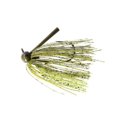 The Dirty Jigs Tour Level Skirted Football Jig by Dirty Jigs features a green and yellow skirt with black speckles, weed guard, fringed skirt, and a Mustad ULTRA POINT hook, shown against a white background.