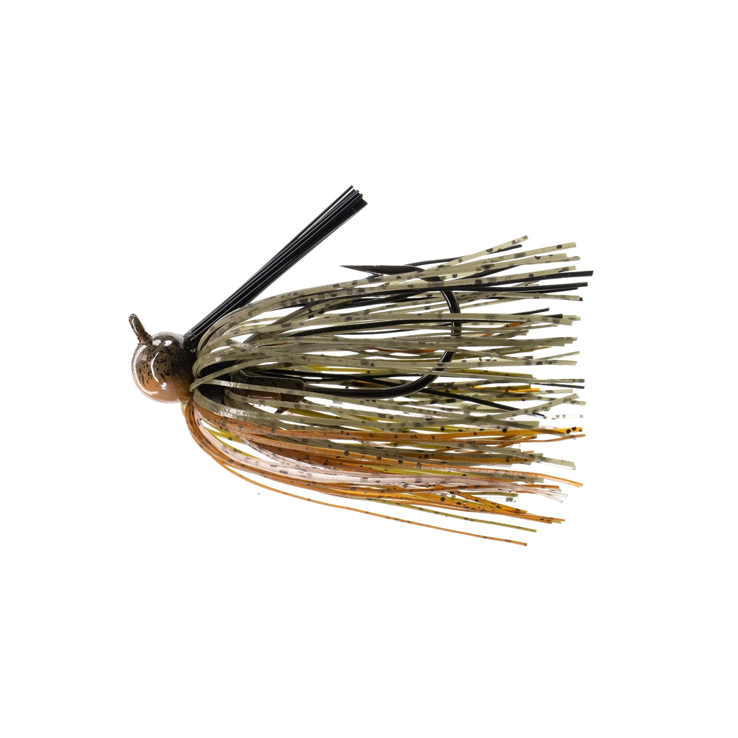 The Dirty Jigs Tour Level Skirted Football Jig by Dirty Jigs features a round, brownish head, weed guard, and a skirt of thin brown, olive, and black strands to mimic baitfish or crawfish. Equipped with a Mustad ULTRA POINT hook for reliable hookups.