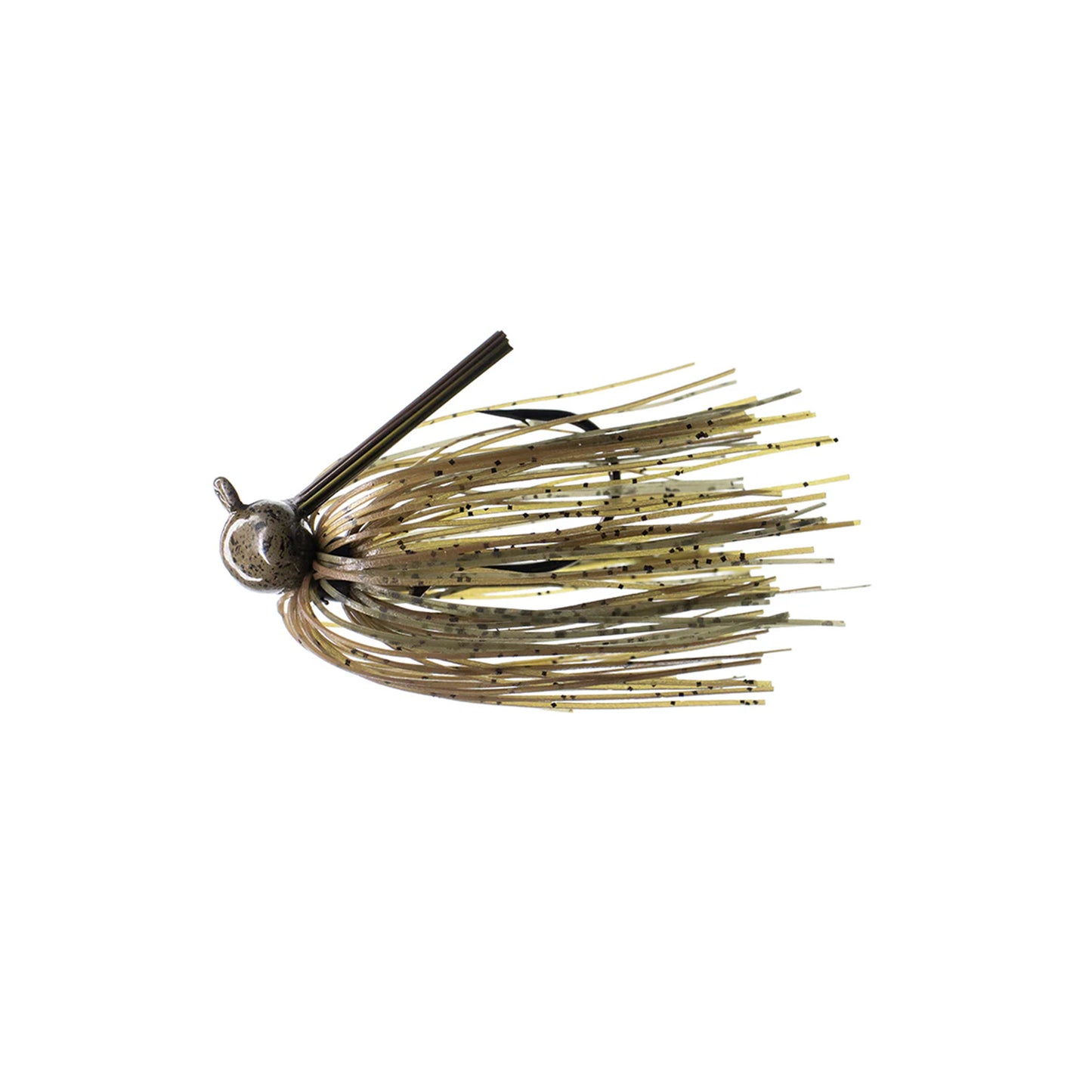 The Dirty Jigs Tour Level Skirted Football Jig by Dirty Jigs features a brown and yellow skirt, weed guard, and Mustad ULTRA POINT hook, mimicking small prey to attract fish.