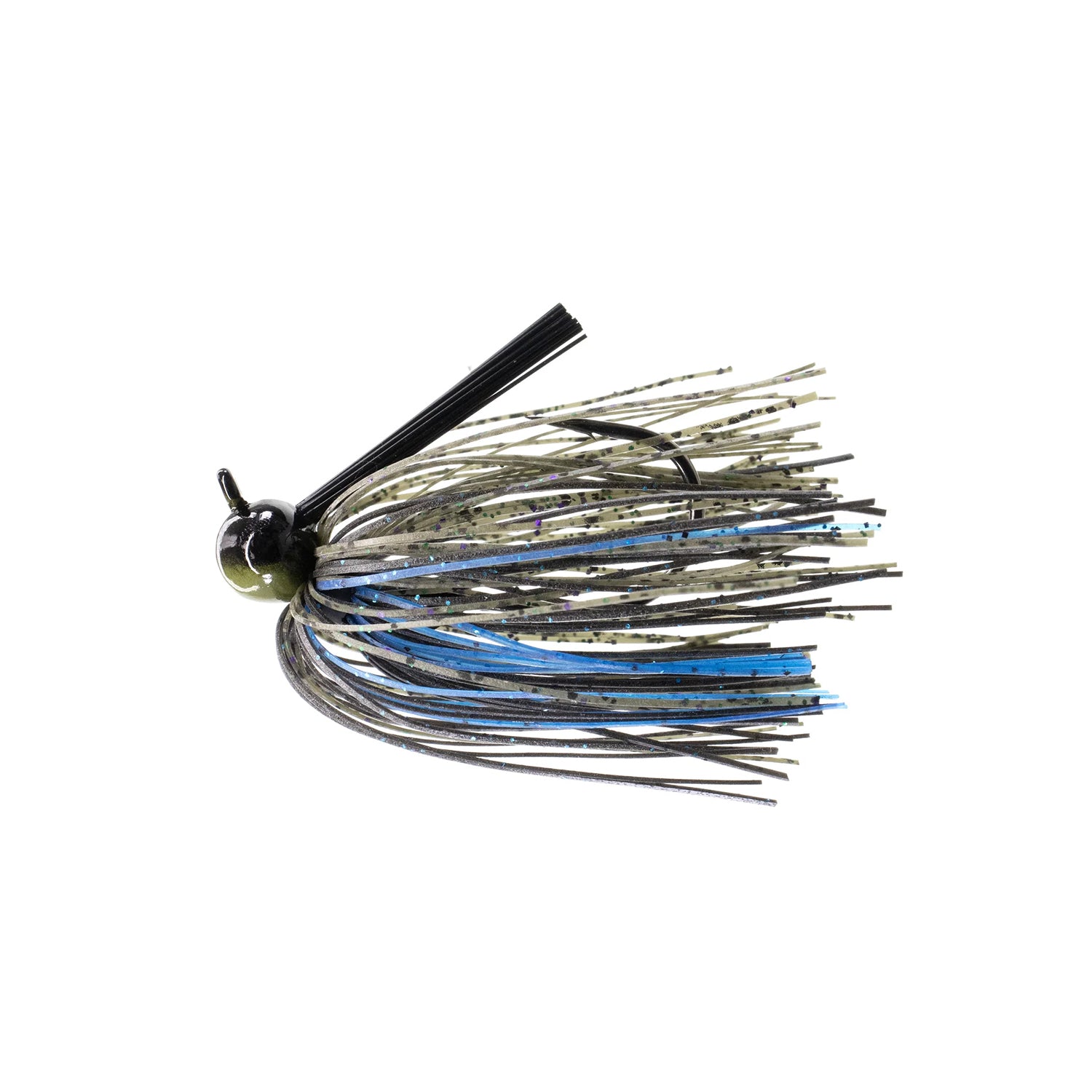 The Dirty Jigs Tour Level Skirted Football Jig by Dirty Jigs features a Gamakatsu hook, olive-green head, and black, blue, and white long rubber strands to mimic aquatic prey, shown isolated on a white background.