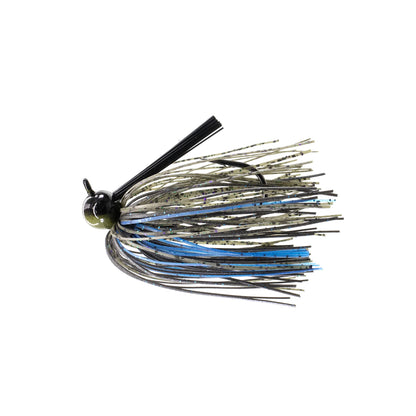 The Dirty Jigs Tour Level Skirted Football Jig by Dirty Jigs features a Gamakatsu hook, olive-green head, and black, blue, and white long rubber strands to mimic aquatic prey, shown isolated on a white background.