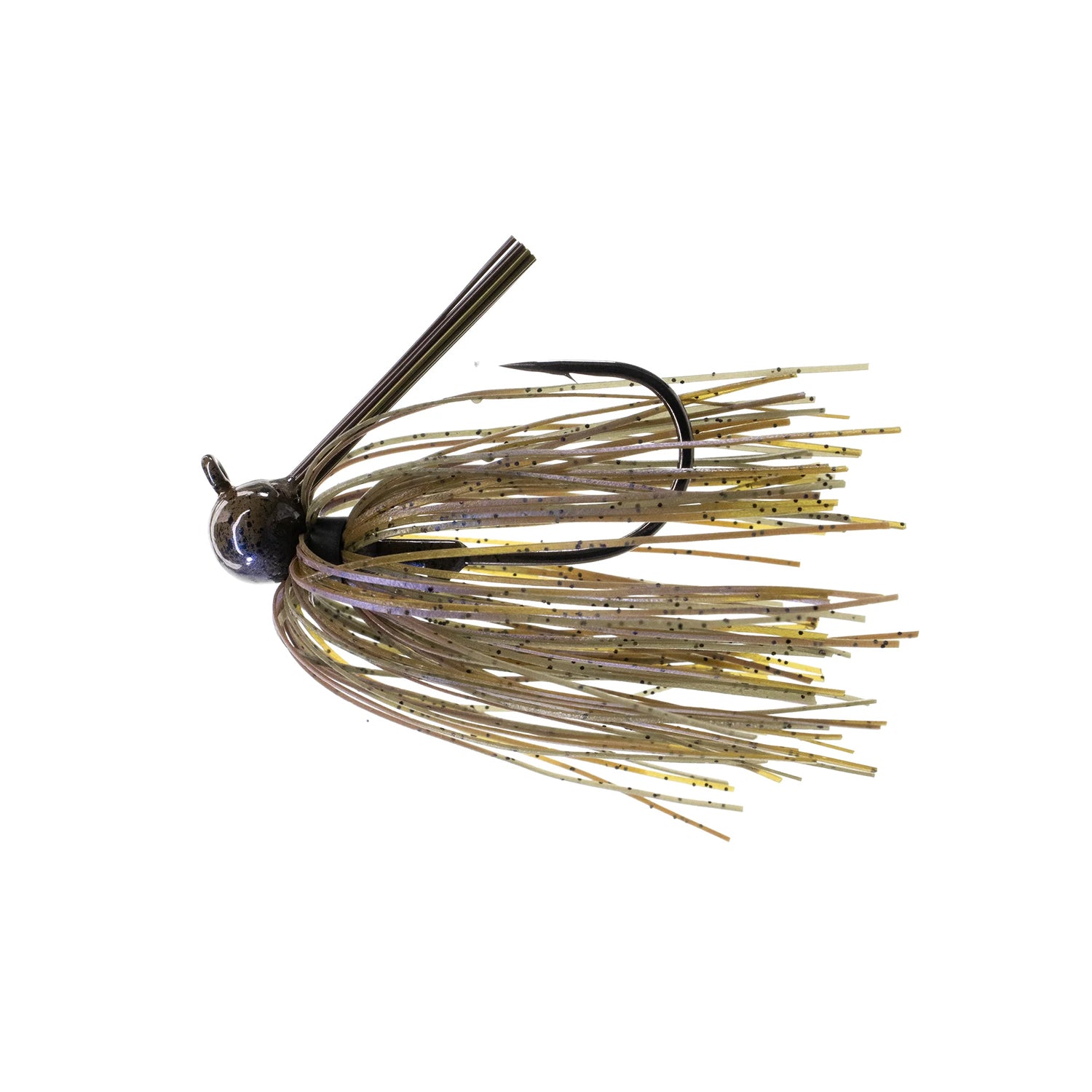 The Dirty Jigs Tour Level Skirted Football Jig by Dirty Jigs features a Mustad ULTRA POINT hook, weed guard, and a skirt of thin yellow strands with black speckles that perfectly mimic natural bait.