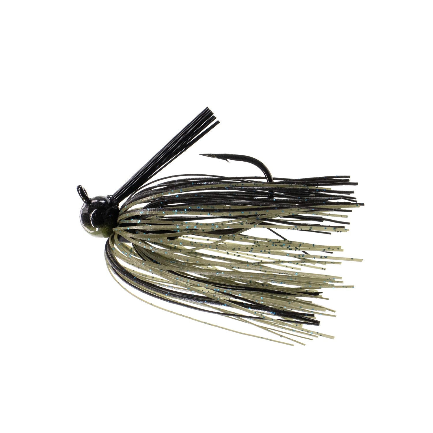The Dirty Jigs Tour Level Skirted Football Jig by Dirty Jigs features a black and olive-green skirt, weed guard, and sharp Gamakatsu hook, shown isolated on a white background.