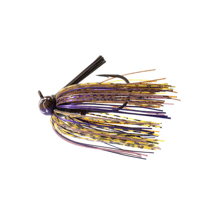The Dirty Jigs Tour Level Skirted Football Jig by Dirty Jigs features a Mustad ULTRA POINT hook and a skirt of purple, yellow, and brown strands, displayed on a white background.