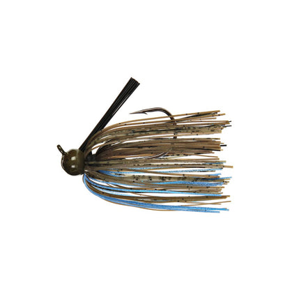 The Dirty Jigs Tour Level Skirted Football Jig features a rounded head, weed guard, brown/tan/blue skirt for baitfish or craw mimics, and a Mustad Ultra Point hook for solid hooksets.