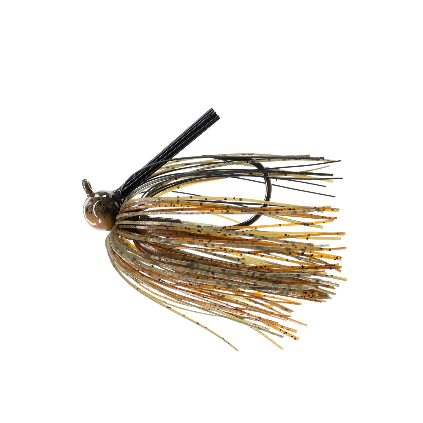 The Dirty Jigs Tour Level Skirted Football Jig by Dirty Jigs features a brown and tan skirt of thin, flexible strands, a black weed guard, and a Mustad ULTRA POINT hook, shown against a white background.