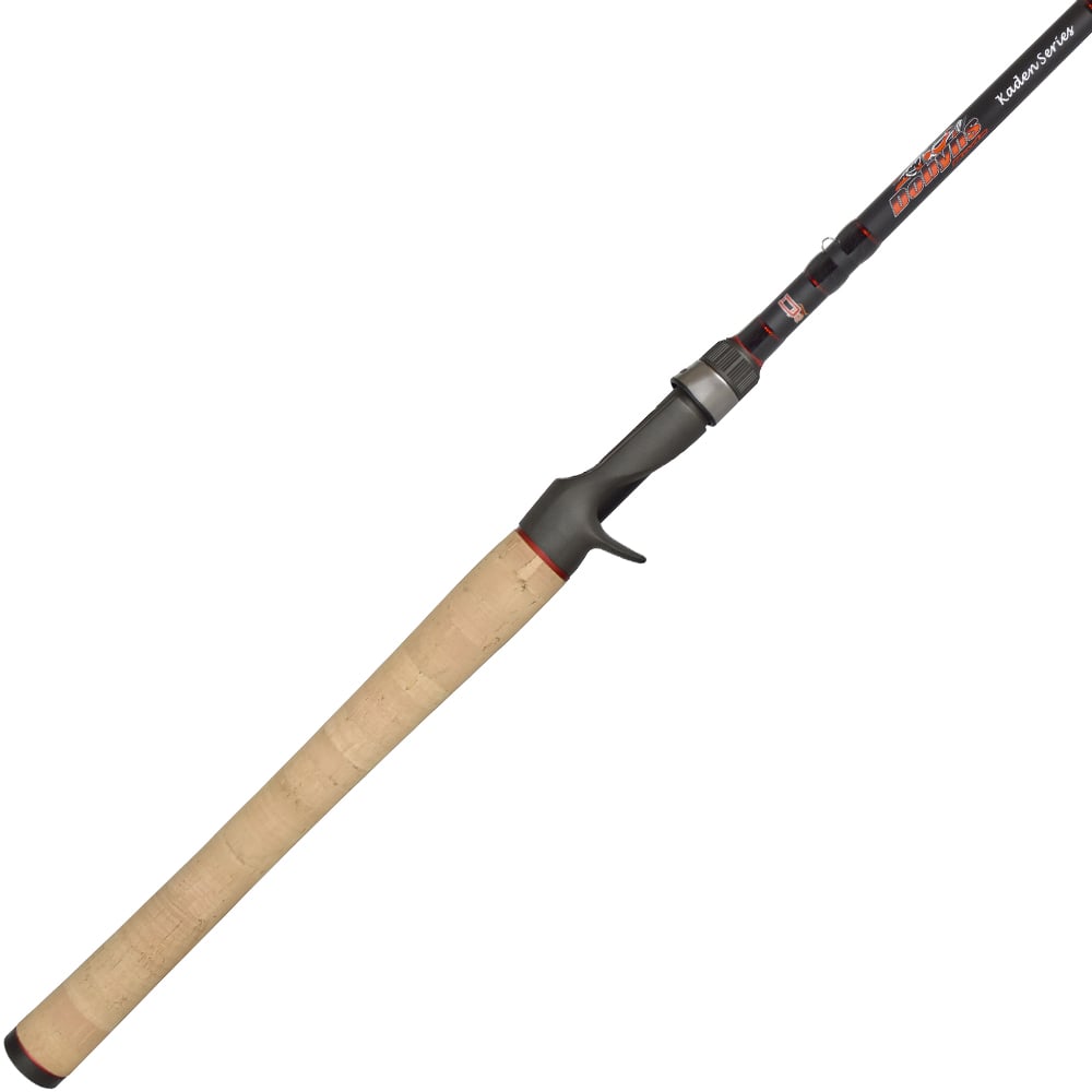 The Dobyns Kaden Casting Rods 7'4" Mag Heavy | KD 745C features a Portugal cork handle, dark reel seat section, and sleek design with brand markings. Its trigger grip suits various fishing techniques, reflecting Dobyns' quality.