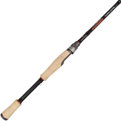 The Dobyns Kaden Spinning Rods 7'1" Medium Light | KD 712SF features a black design with beige cork handles, silver accents, and red detailing. Made from high modulus graphite blanks, it has a sleek, narrow body with Fuji reel seats for optimal performance.