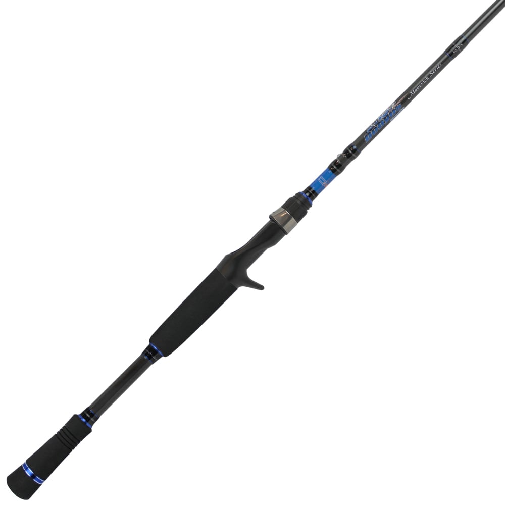 Introducing the Dobyns Maverick Series Casting Rod MK 735C: a 7'3" black and blue mag-heavy rod featuring a sleek design, foam handle grip, metallic reel seat, and multiple line guides for an exceptional fishing experience.