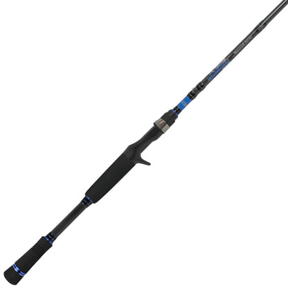 Introducing the Dobyns Maverick Series Casting Rod MK 735C: a 7'3" black and blue mag-heavy rod featuring a sleek design, foam handle grip, metallic reel seat, and multiple line guides for an exceptional fishing experience.