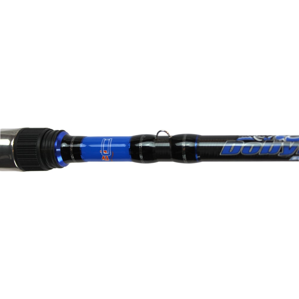 Close-up of the Dobyns Maverick Series Casting Rod 7'3" Heavy | MK 734C with a sleek black and blue design, metallic accents, visible logo, and high modulus graphite construction. The handle provides textured grips for secure handling.
