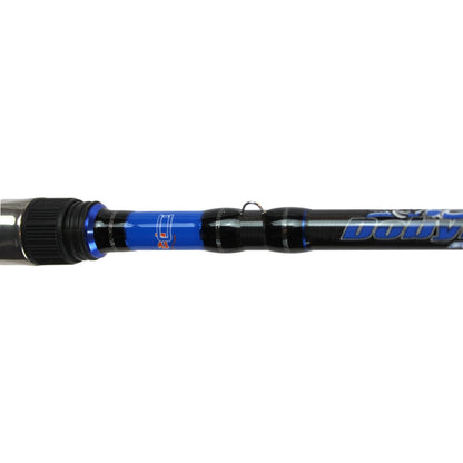 A close-up of the Dobyns Maverick Series Casting Rod 7'0" Medium Heavy Crankbait (MK 705CB) shows its handle in black and blue with silver accents and text. The shaft includes a visible loop for the fishing line.