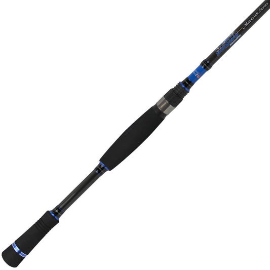 The Dobyns Maverick Series Spinning Rod 6'9" Medium Light MK 692SF, shown against a white background, features graphite blanks, multiple segments, sleek metallic accents, and a foam handle in black and blue. Ideal for versatile fishing activities.