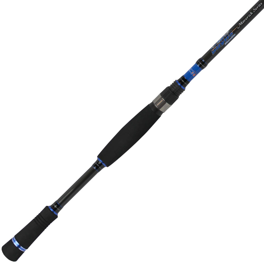 The Dobyns Maverick Series Spinning Rod 7'0" Medium | MK 703SF features a black and blue handle with foam grips, silver accents, and is crafted from high modulus graphite. Its angled presentation highlights its sleek, modern design.