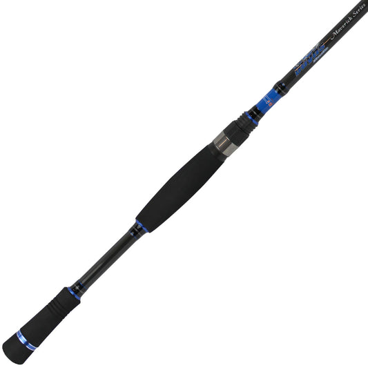 The Dobyns Maverick Series Spinning Rod 7'0" Medium | MK 703SF features a black and blue handle with foam grips, silver accents, and is crafted from high modulus graphite. Its angled presentation highlights its sleek, modern design.