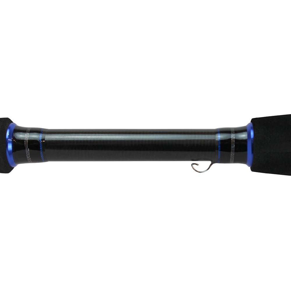 The Dobyns Maverick Series MK 601SF spinning rod features a sleek black and blue design with foam grips on both ends, a line hook holder, and high modulus graphite blanks for exceptional performance.