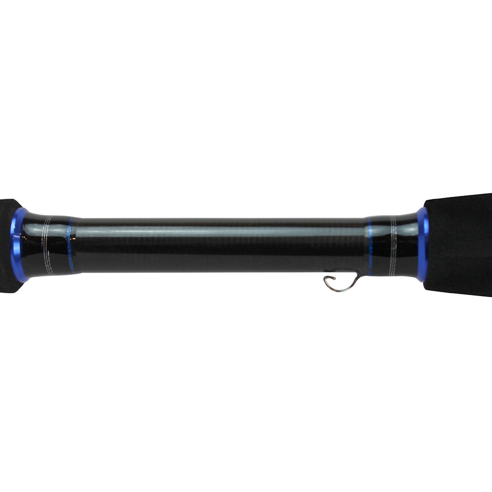 Close-up of the Dobyns Maverick Series Spinning Rod 6'9" Medium (MK 693SF) handle in black and blue, showcasing a metallic hook keeper on a white background. The graphite blanks rod has textured grips at both ends and boasts a sleek, glossy finish.