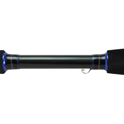 Close-up of the Dobyns Maverick Series Spinning Rod 6'9" Medium (MK 693SF) handle in black and blue, showcasing a metallic hook keeper on a white background. The graphite blanks rod has textured grips at both ends and boasts a sleek, glossy finish.