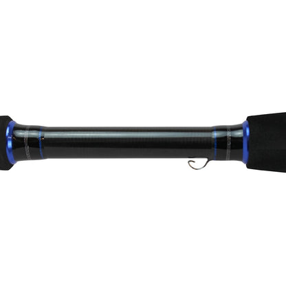 Close-up of the Dobyns Maverick Series Spinning Rod 7'0" Medium | MK 703SF handle, featuring black foam grips and a metallic blue accent. Crafted from high modulus graphite, its sleek black shaft with a visible hook keeper stands out against a white background.